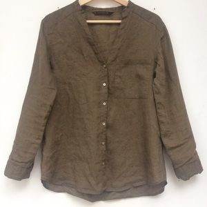 Zara Linen Button Down, V Neck, Green, LN!